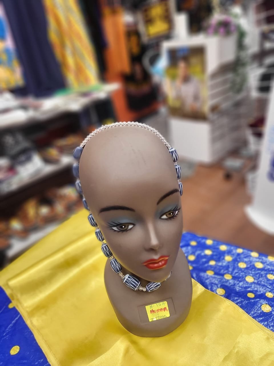 Blue and White Patterned Barrel Bead Necklace