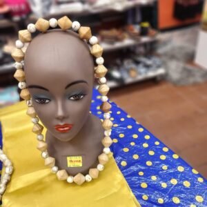 Geometric Wood & Marbled Stone Statement Necklace