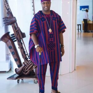 Men’s Royal Blue and Magenta Striped Agbada Set