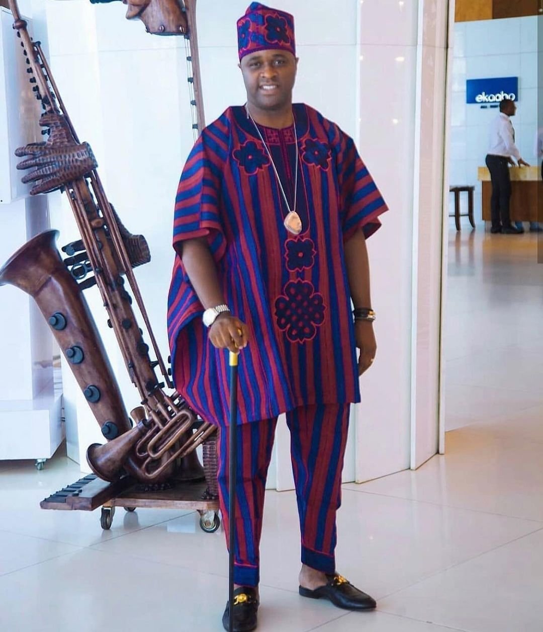 Men’s Royal Blue and Magenta Striped Agbada Set