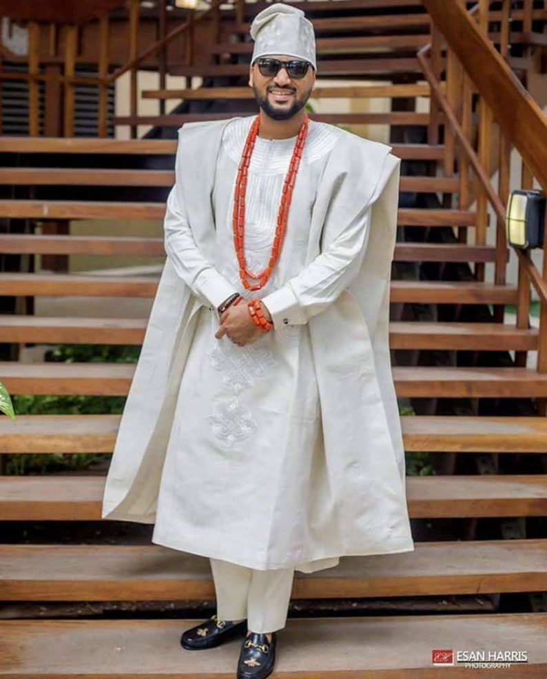 Men’s Premium White Embroidered Agbada Set