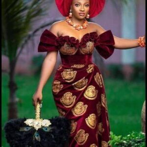 Royal Burgundy Velvet Off-Shoulder Gown with Gold Embroidery