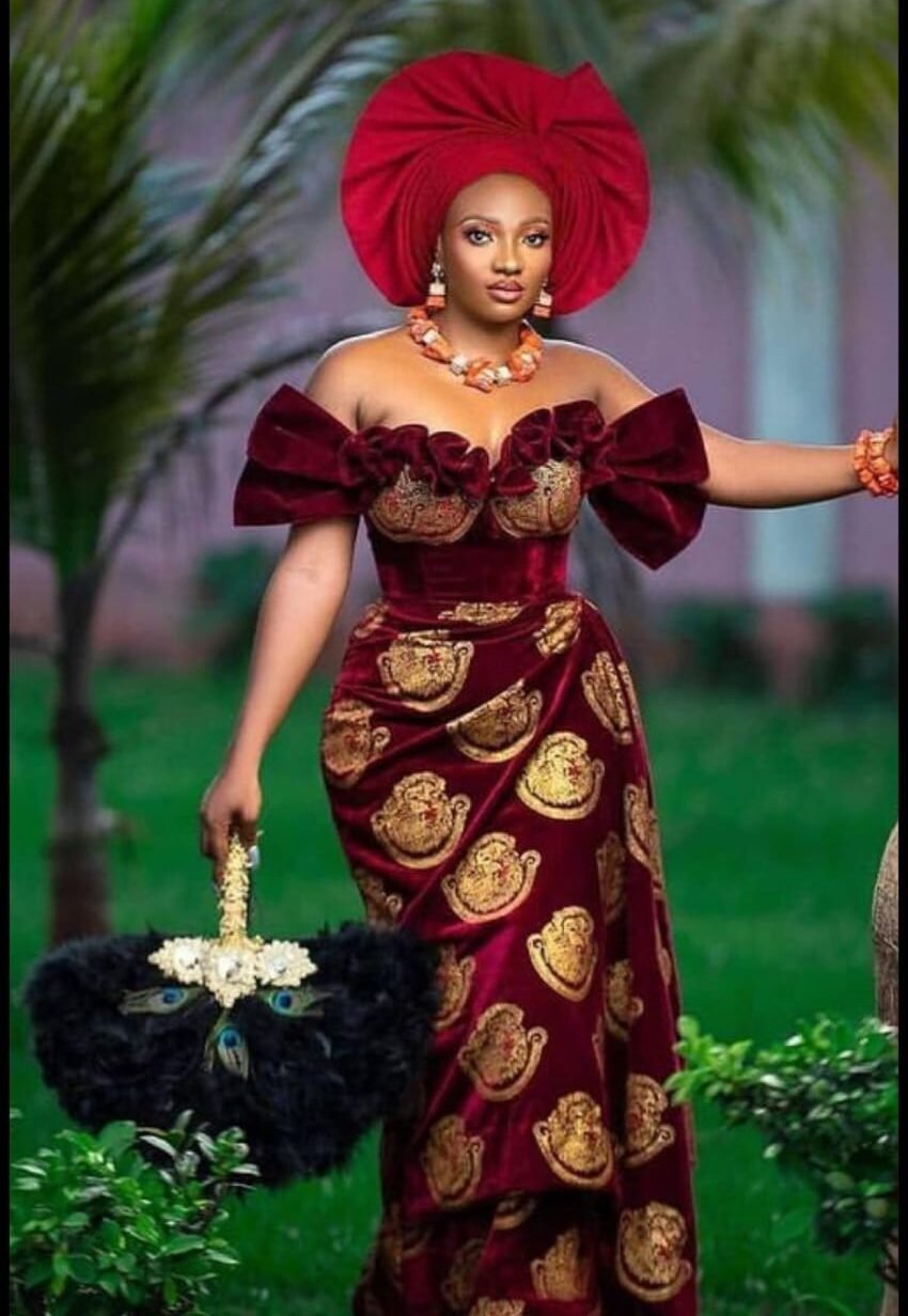Royal Burgundy Velvet Off-Shoulder Gown with Gold Embroidery