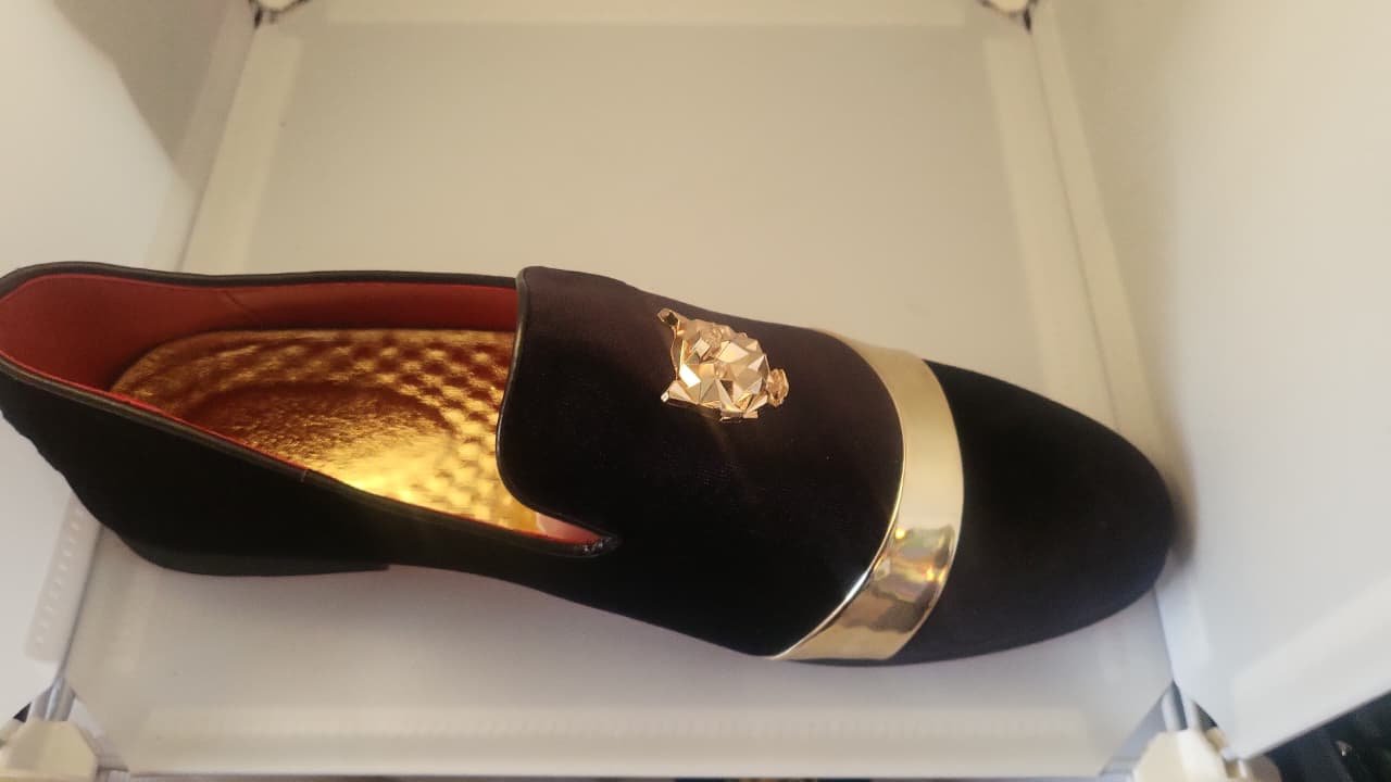 Men’s Black Velvet Gold-Accent Loafers