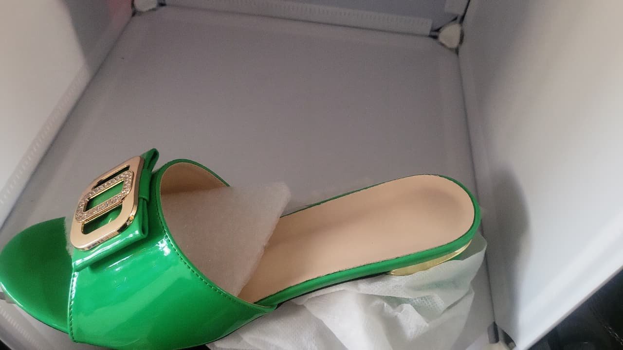 Women’s Emerald Green Patent Buckle Slides